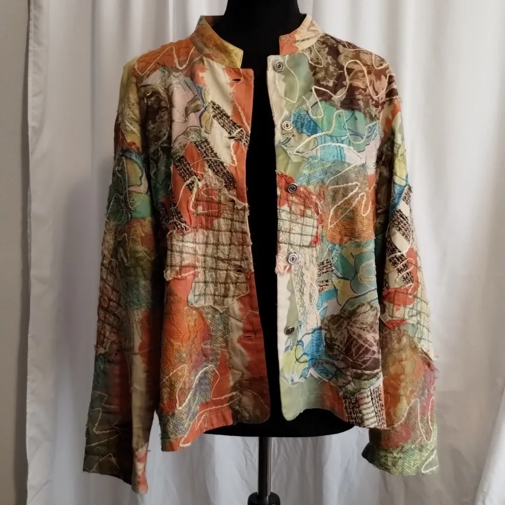 Chico's mandarin button front tapestry patchwork cotton loose fitting jacket top - Picture 3 of 10